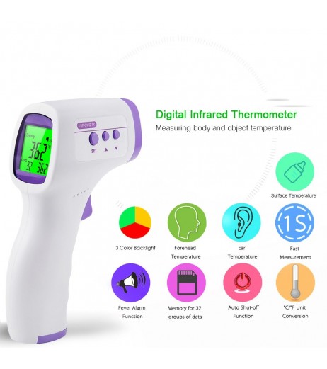 Digital Infrared Thermometer 3-Color LCD Backlight °C/℉ Memory Function Non-contact IR Forehead Ear Thermometers Body & Object Temperature Measure for Baby Kids Adults Home Office Public Places